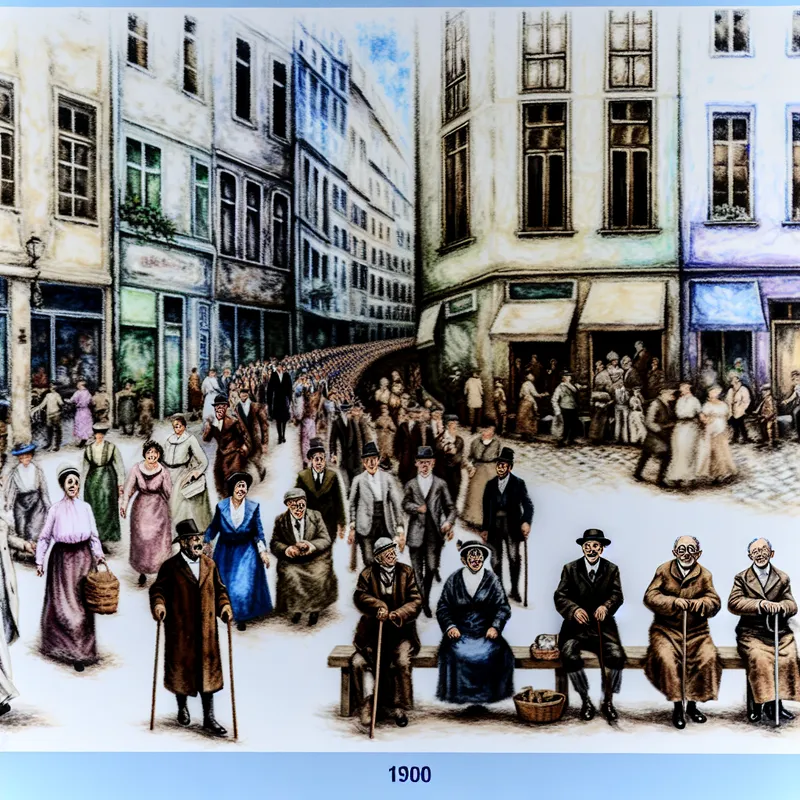 Levendige straatscène die een tijdlijn van 100 jaar toont met portretten van diverse mensen in verschillende stijlen van verschillende tijdperken.