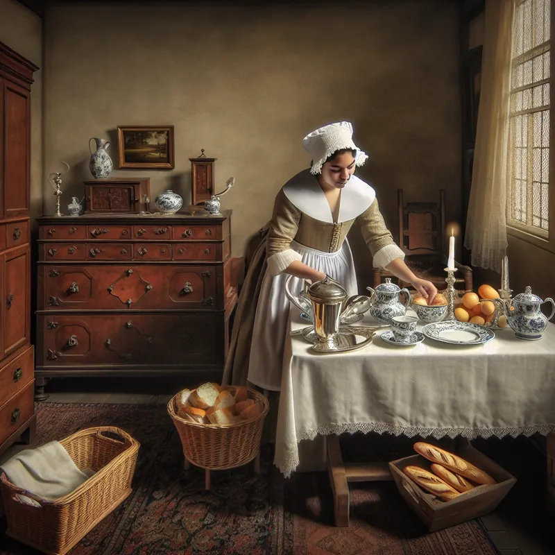 17e-eeuws dienstmeisje in Nederlandse interieur schikt ontbijttafel met porselein en brood