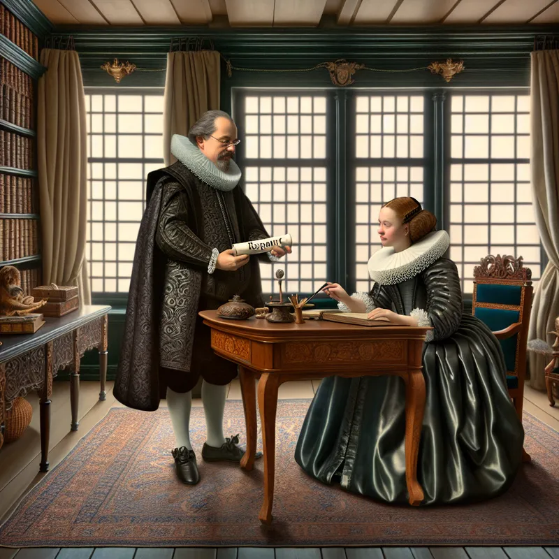 17e-eeuws Nederlands kantoorinterieur met professionals die een rapport bespreken in een gespecialiseerde afdeling van een organisatie