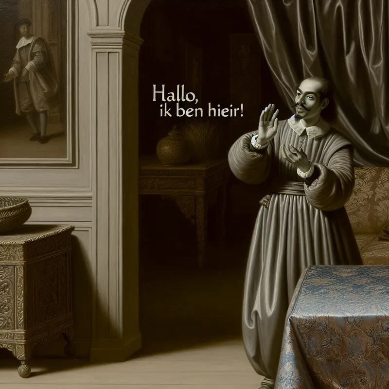 17e-eeuws Nederlands interieur met persoon die 'Hallo, ik ben hier!' roept