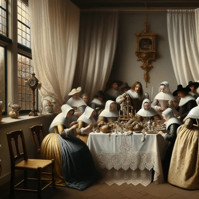 17e-eeuws Nederlands interieur met een familie aan tafel voor de lunch, verfijnd geschilderd in de stijl van Gerard ter Borch, met aandacht voor texturen en zacht licht