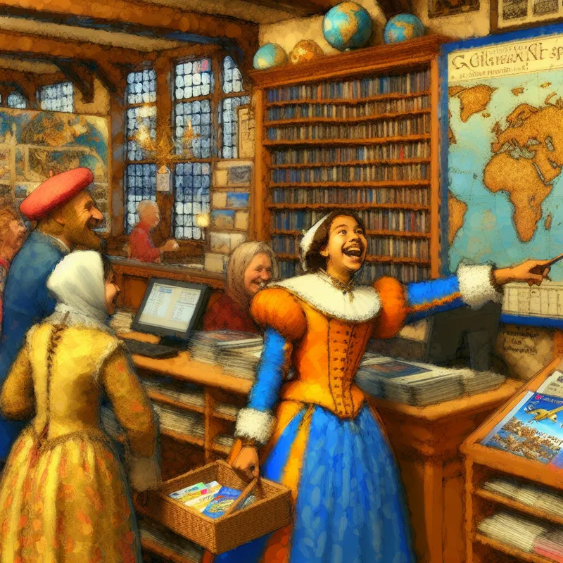 17e-eeuwse Nederlandse reisbureau-scène met een vrolijke reisagent die een gezin helpt bij het boeken van een vakantie, geschilderd in de levendige stijl van Frans Hals