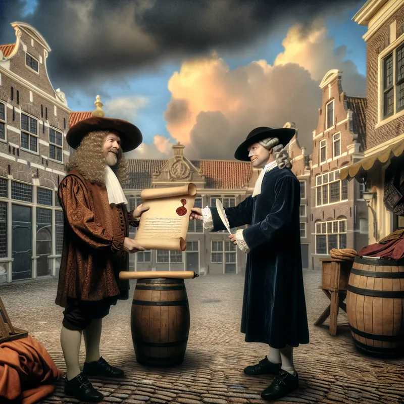 Twee kooplieden in 17e-eeuws Nederlands marktgewoel bespreken een formeel voorstel met een verzegeld contract en ganzenveer