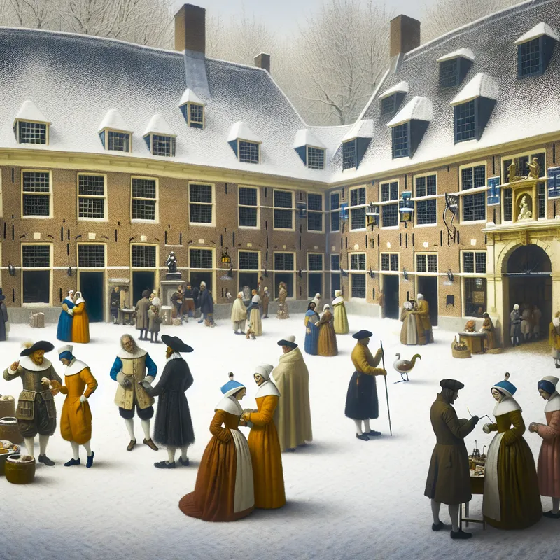 17e-eeuwse Nederlandse ziekenhuisorganisatie in winterse sfeer met artsen, verpleegkundigen en personeel die samenwerken en feestvieren in een besneeuwde binnenplaats