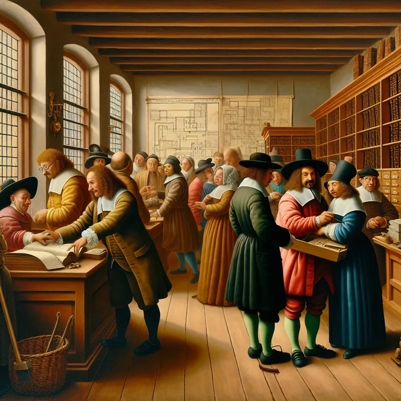 17e-eeuws Nederlands tafereel van een drukke afdeling met medewerkers aan het werk, zoals klantenservice en technische dienst, in de stijl van Jan Steen