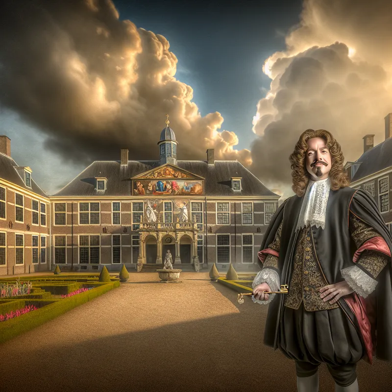 17e-eeuwse Nederlandse scène van een zelfverzekerde man met gezag bij de ingang van een groot landgoed of bedrijf, in de stijl van Jacob van Ruisdael