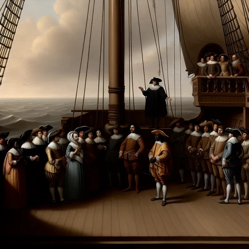 17e-eeuwse scheepsbemanning verzameld rond de kapitein op het dek, in de stijl van Johannes Vermeer met zachte belichting en gedetailleerde texturen