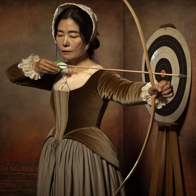 17e-eeuwse Nederlandse boogschutter in historische kleding raakt met pijl het midden van een houten schietschijf, moment van precisie en vaardigheid