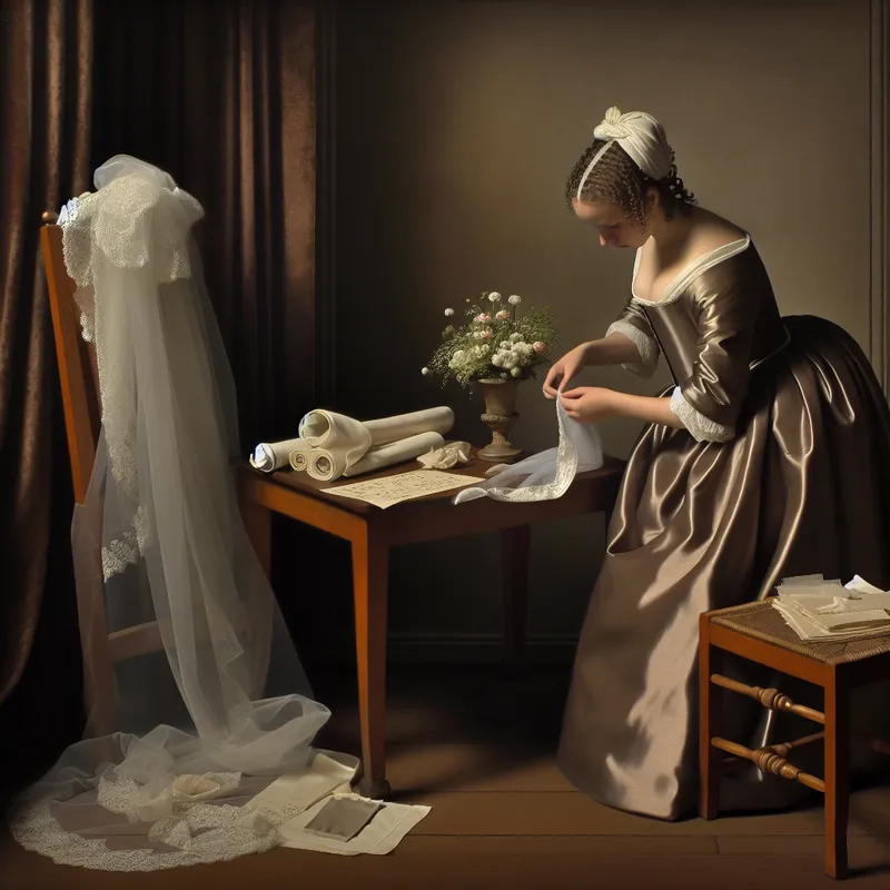 Jonge bruid in 17e-eeuws Nederlands interieur bekijkt aandachtig een bruidsboeket tijdens huwelijksvoorbereidingen