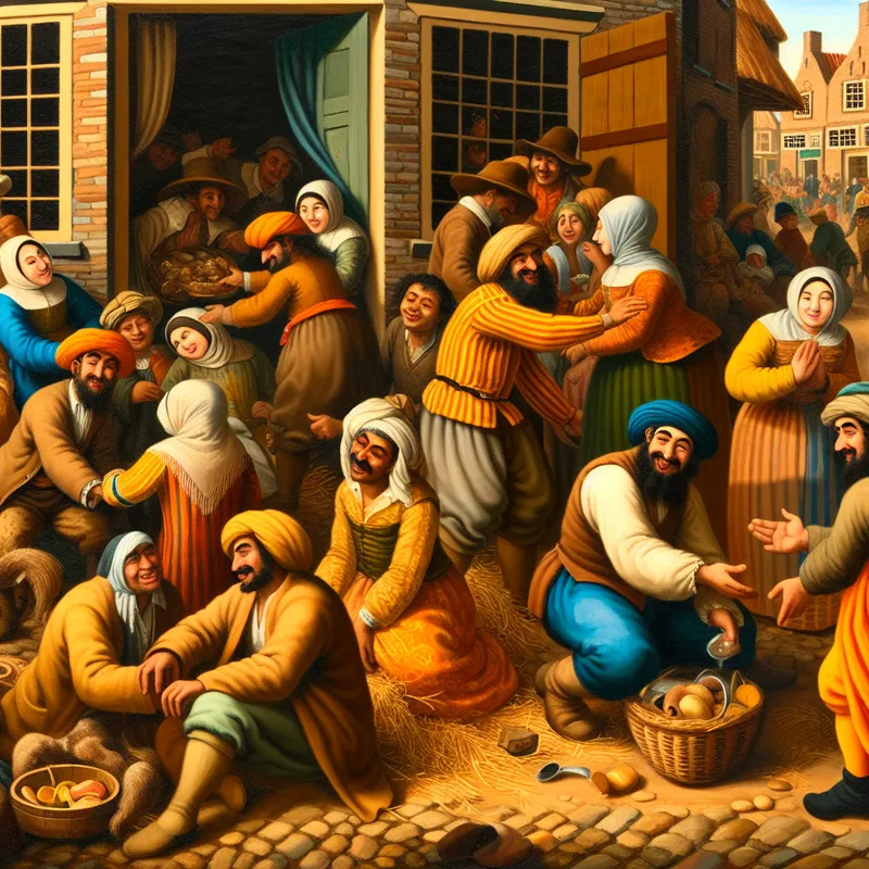 Gezellige buurtscène uit de 17e eeuw in de stijl van Jan Steen, met buren die lachen, praten en eten delen, wat de waarde van sociaal contact benadrukt