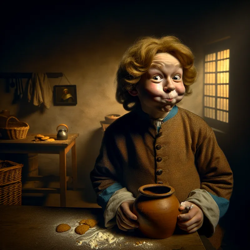 Jonge deugniet in 17e-eeuwse Nederlandse kleding met een lege koektrommel, kruimels rond zijn mond en een schuldbewuste maar speelse blik in een warm verlichte keuken