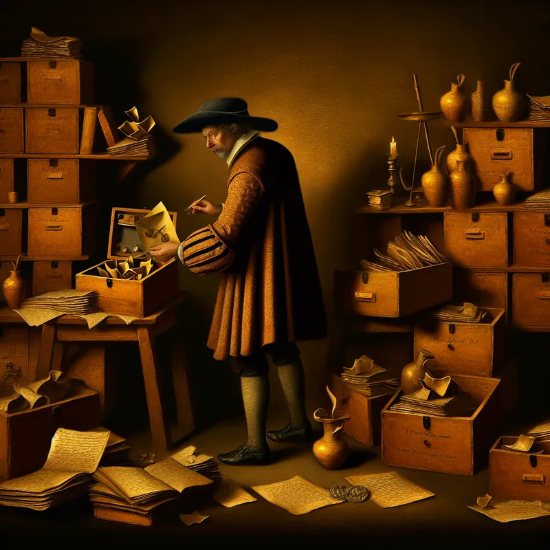 17e-eeuwse Nederlandse geleerde classificeert objecten in houten dozen bij kaarslicht, Rembrandt-stijl met chiaroscuro