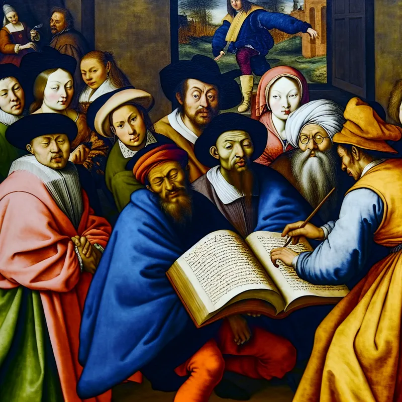 Groep mensen in 17e-eeuwse setting rondom open boek, met een persoon die pagina omslaat