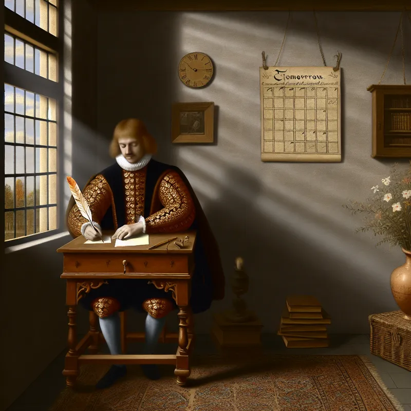 17e-eeuwse heer schrijft brief met ganzenveer aan bureau