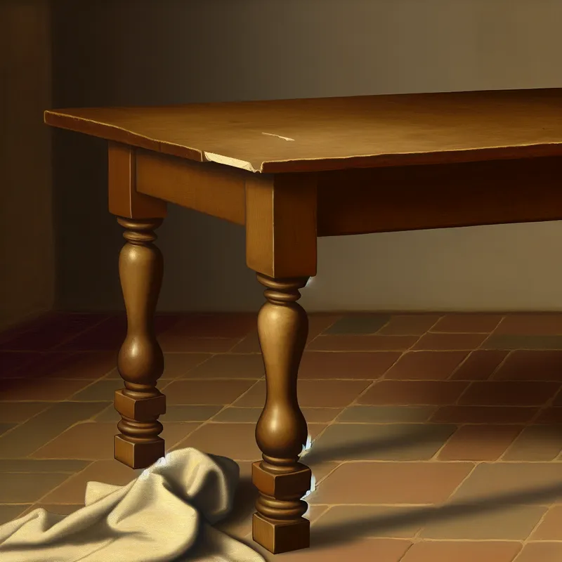 17e-eeuws Nederlands interieur met houten tafel met vier stevige, taps toelopende poten en zichtbare barst in één poot, omringd door gedrapeerde stof en subtiele meubeldetails