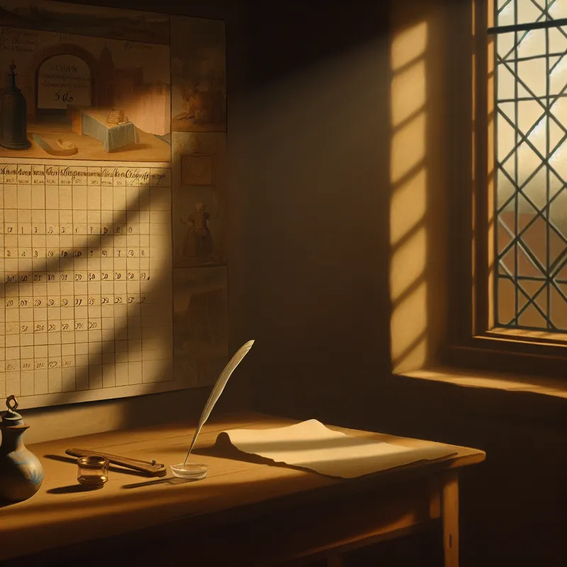 Een serene 17e-eeuwse kamer met een kalender die de week van maandag tot zondag toont, in de stijl van Johannes Vermeer.