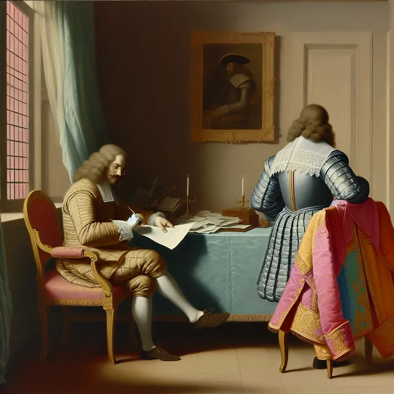 Een elegante kantoorruimte uit de 17e eeuw met een man in verfijnde kleding die documenten ondertekent, naast een militair uniform op een stoel.