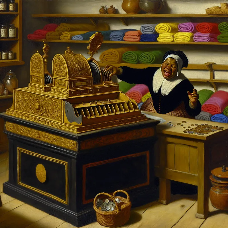 17e-eeuwse Nederlandse marktscène met vrolijke caissière achter een houten toonbank met een antieke kassa, munten en papieren guldens