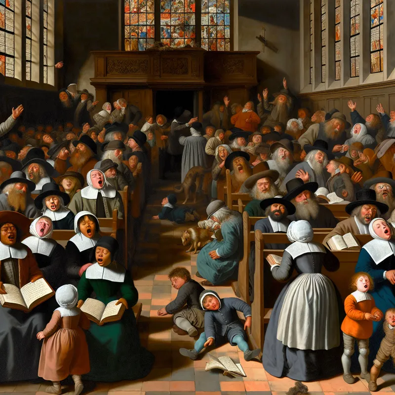 17e-eeuwse Nederlandse kerkdienst met zingende en biddende gemeente in warme, aardse kleuren, geschilderd in de stijl van Jan Steen