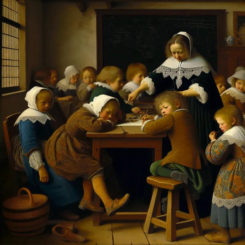 17e-eeuwse Nederlandse klas met rusteloze kinderen die storend gedrag vertonen, terwijl de leraar vermoeid toekijkt