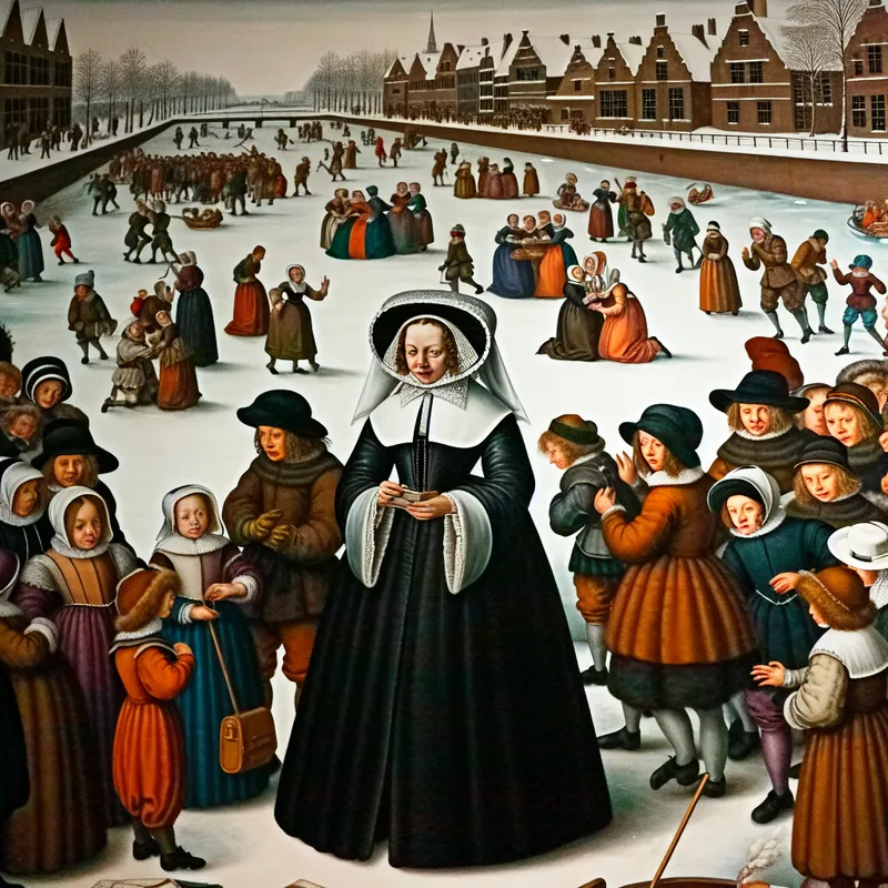 17e-eeuwse lerares in winterse setting aan een bevroren kanaal met kinderen en schaatsers, geschilderd in de stijl van Hendrick Avercamp