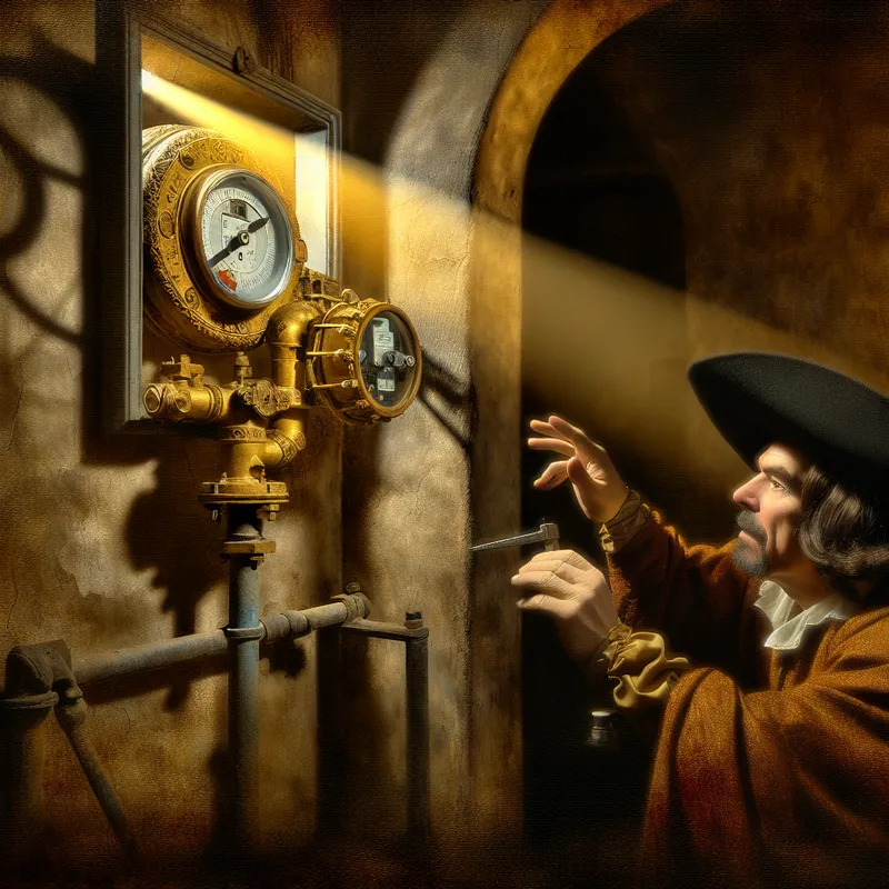 17e-eeuwse meterinspecteur in Nederlandse kledij controleert een gedetailleerde watermeter in een donkere technische ruimte met dramatisch licht