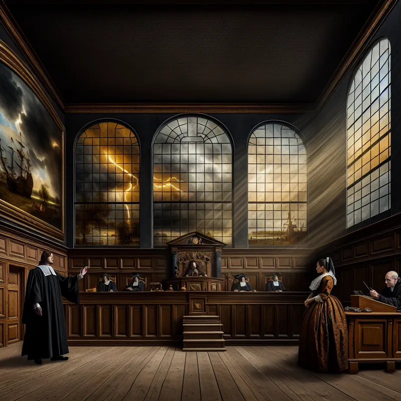 17e-eeuwse Nederlandse rechtszaal met rechter in zwarte toga en beklaagde tijdens een rechtszaak, dramatisch belicht met stormachtige lucht