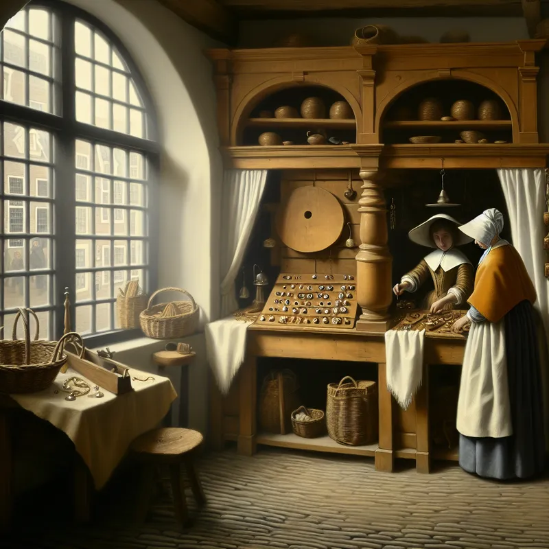 17e-eeuwse Nederlandse winkel met ambachtelijke sieraden en handgemaakte goederen, vrouw ordent delicate juwelen achter houten toonbank