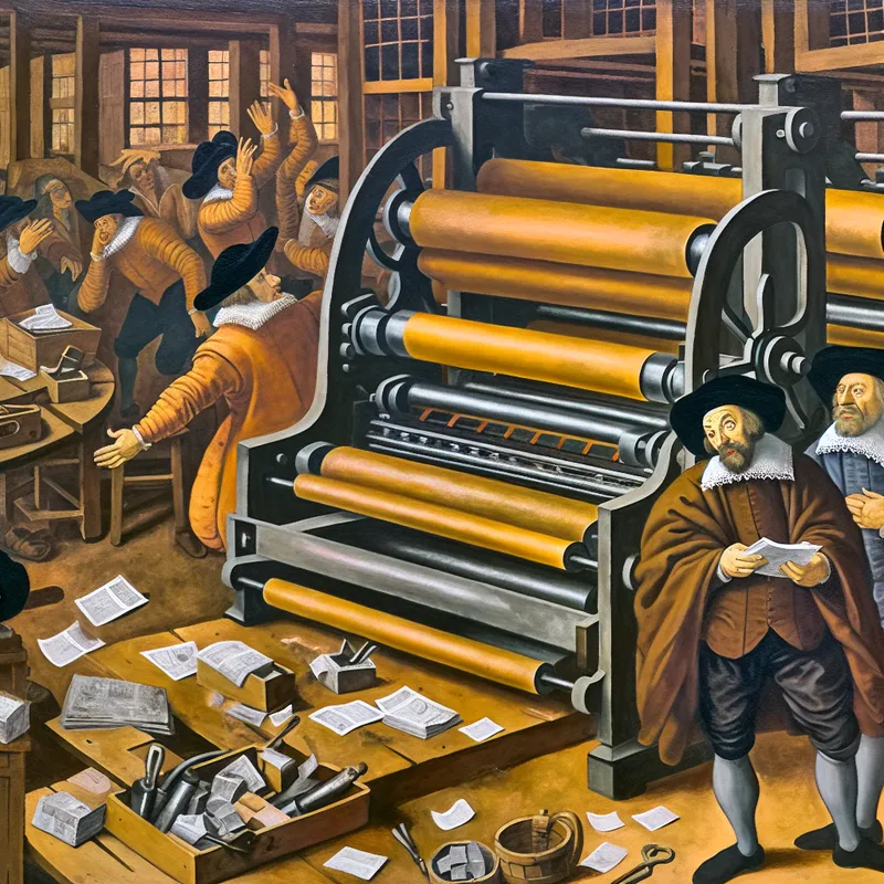 Chaotische drukkerijwerkplaats uit de 17e eeuw met een kapotte printerrol als centraal machineonderdeel, omringd door gereedschap en technici in historische kleding