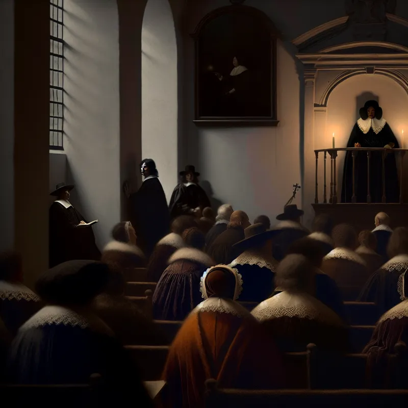 17e-eeuwse Nederlandse protestantse kerkdienst tijdens avonddienst met kleine gemeente in elegante kleding en dominee aan de kansel