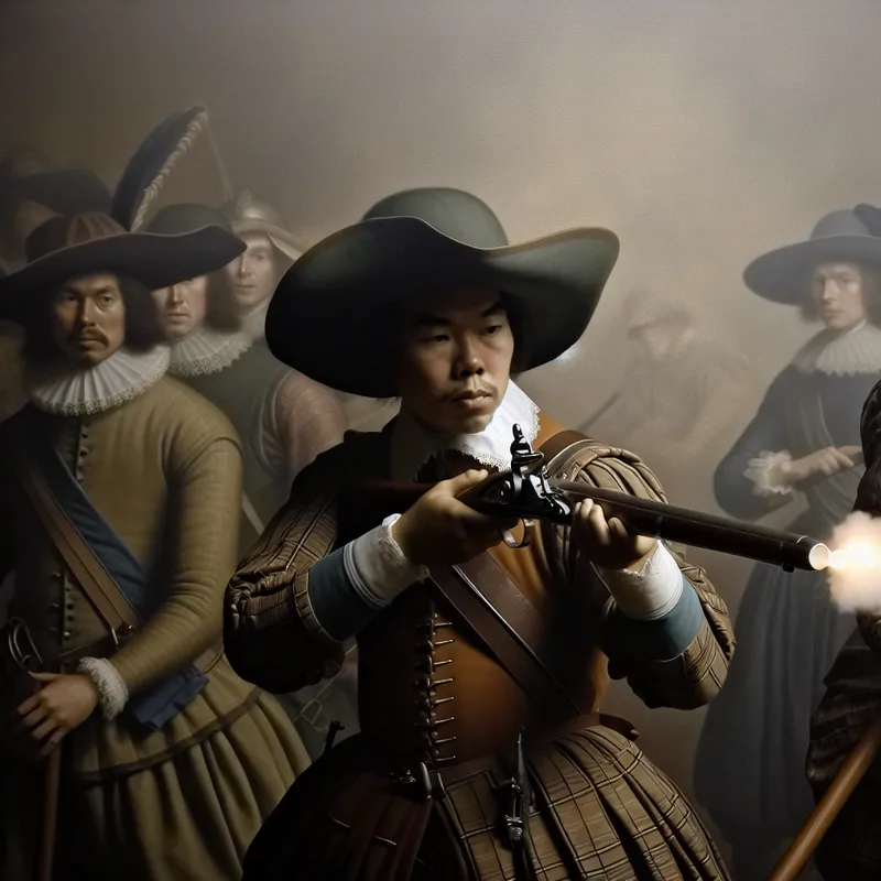 17e-eeuwse soldaten in gedetailleerde uniformen tijdens een schietoefening, waarbij een soldaat een musket afvuurt met rook uit de loop