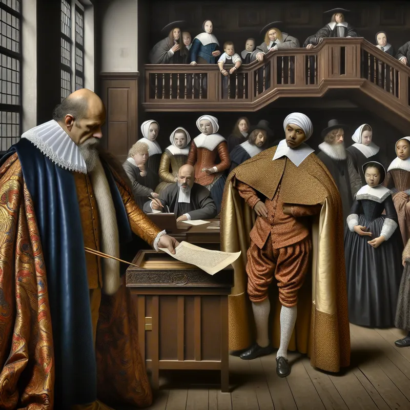 17e-eeuwse Nederlandse schoolinspectie met een formeel geklede inspecteur die een document controleert, omringd door leerlingen en leraren in een stijl van Gerard ter Borch