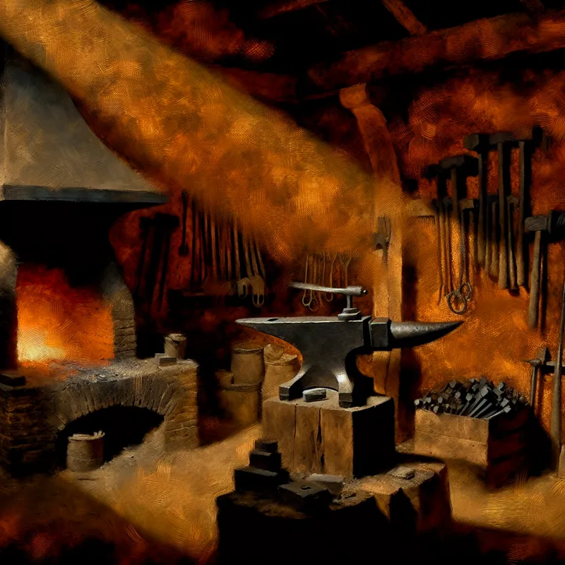 17e-eeuwse smidse met dramatische chiaroscuro-verlichting, een aambeeld omringd door smidsgereedschap zoals een hamer, tang en blaasbalg