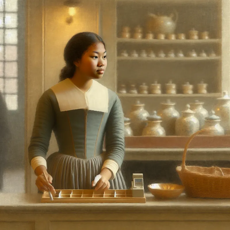 Een jonge vrouw in 17e-eeuwse stijl bij de kassa in een rustige winkel