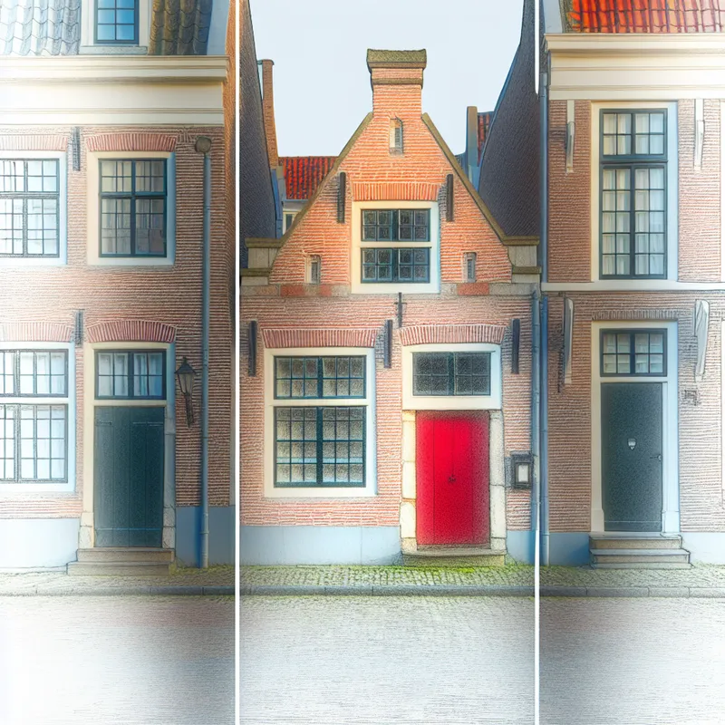 17e-eeuwse straat met elegante huizen, derde huis rechts met rode deur