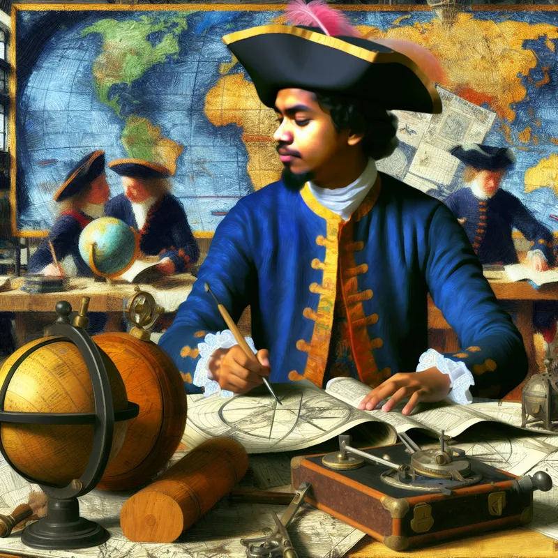 Jonge student in historische maritieme kleding bestudeert navigatie-instrumenten zoals een kompas, zeekaarten en een sextant in een 17e-eeuwse zeevaartschool