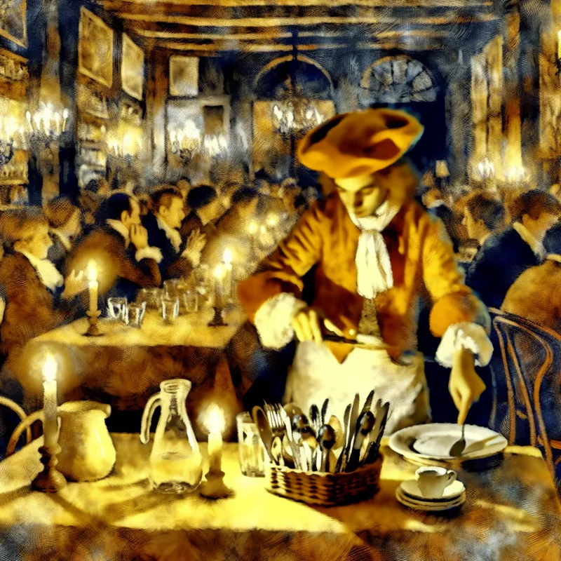 Een persoon in 17e-eeuwse kleding dekt tafels in een sfeervol café