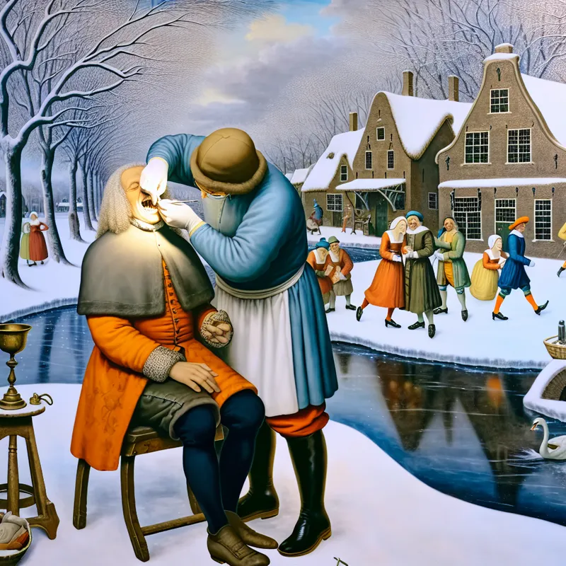 17e-eeuwse Nederlandse winterscène met een tandarts die een tandbrug aanpast bij een oudere man aan een bevroren kanaal
