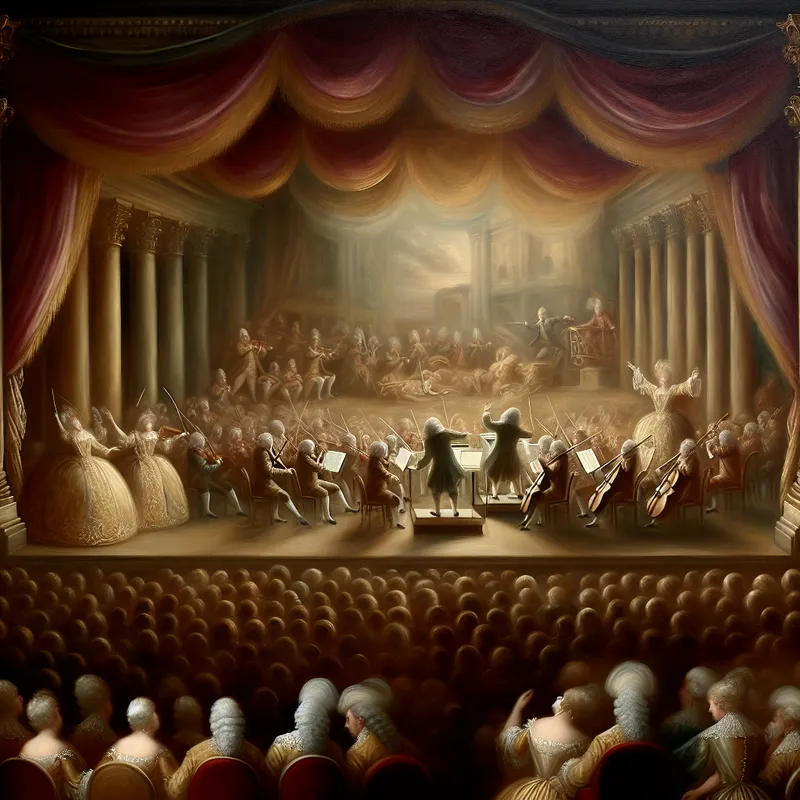 17e-eeuwse theaterfinale met emotioneel publiek, orkest en weelderige kostuums in de stijl van Gerard ter Borch