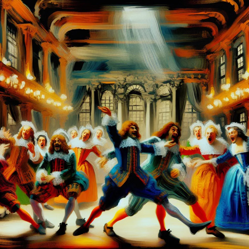Levendige 17e-eeuwse theatervoorstelling met emotionele acteurs in historische kostuums op een rijkversierde toneelpodium, geschilderd in de dynamische stijl van Frans Hals