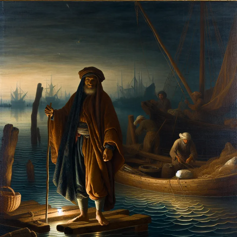 17e-eeuwse Nederlandse visser in traditionele kleding op een houten dok bij zonsopgang, met een kleine vissersboot en kalme zee op de achtergrond