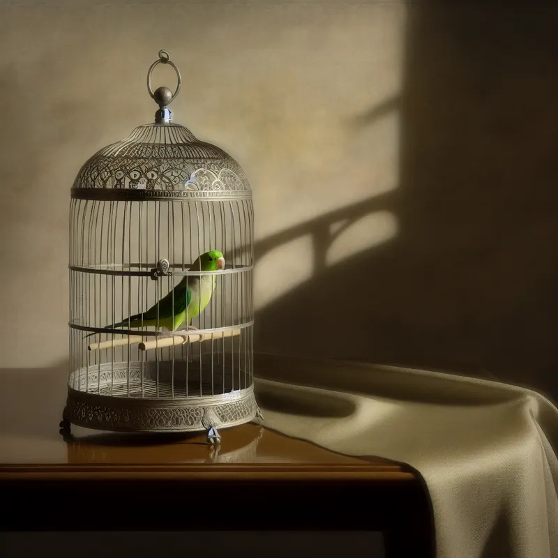 17e-eeuwse Nederlandse interieurscène met elegante vogelkooi en zingende groene parkiet op dunne houten stok