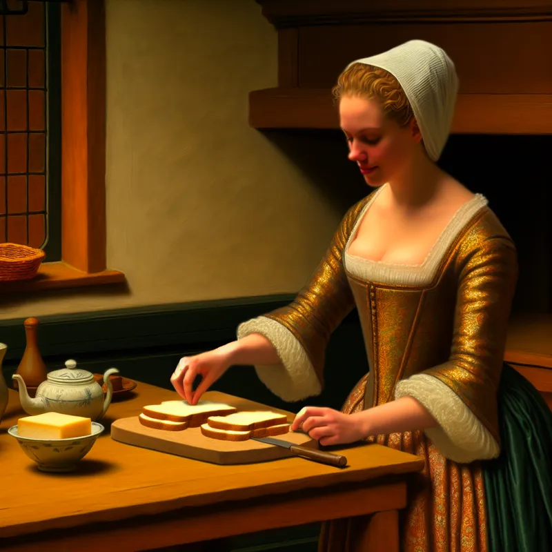 Vrouw in 17e-eeuwse kleding maakt een eenvoudige sandwich aan een houten tafel
