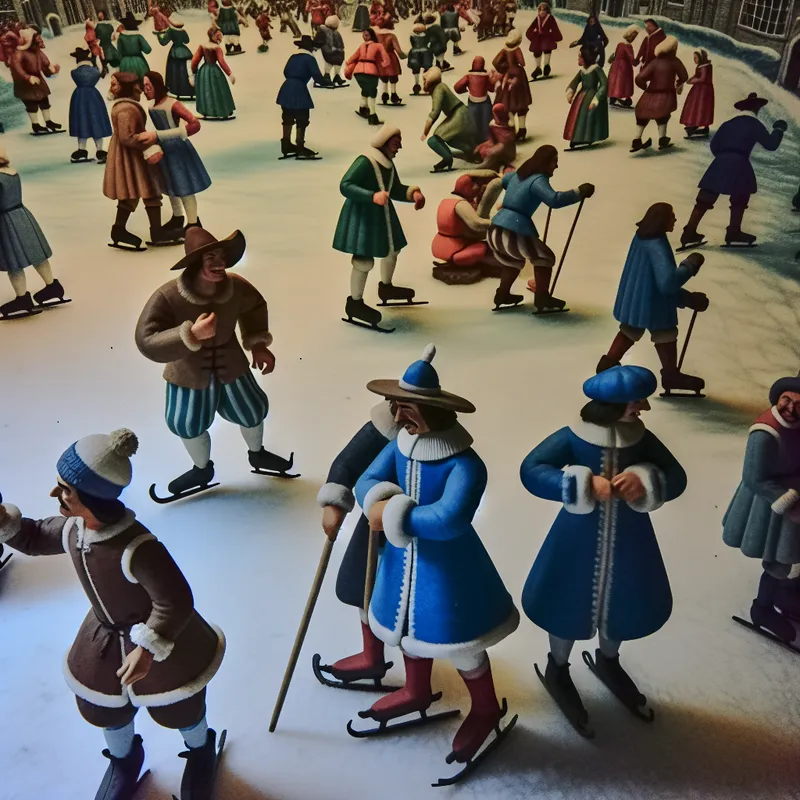 Winters tafereel op een bevroren kanaal met mensen in 17e-eeuwse kleding, schaatsend en pratend