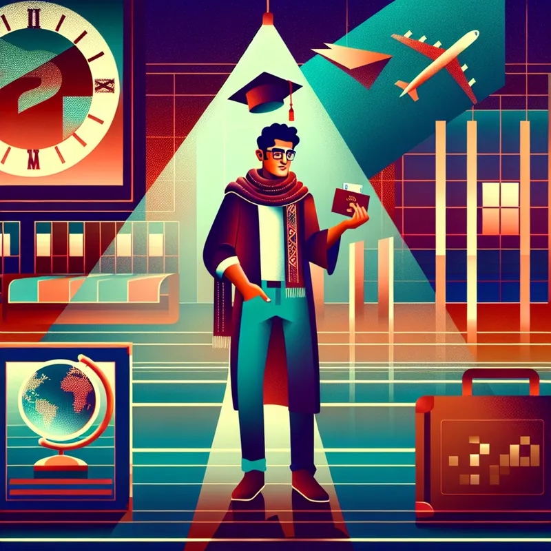 Jonge man viert zijn 20e verjaardag met diploma en paspoort, symboliserend academische prestatie en nieuwe avonturen in een retro-futuristische universiteitsomgeving