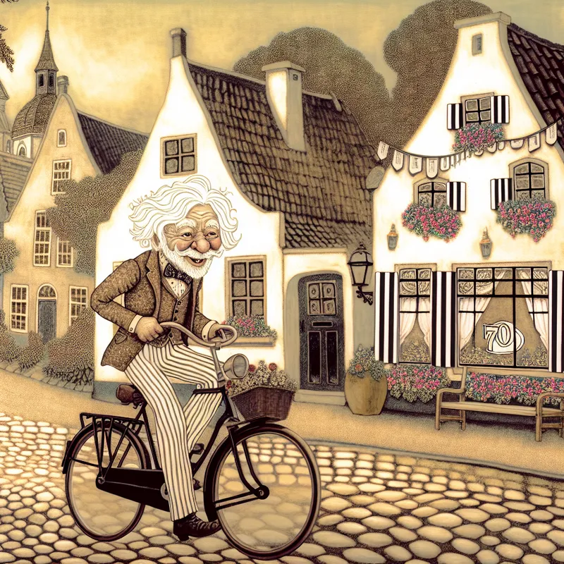 Vrolijke oudere man van zeventig jaar fietst door een nostalgisch dorp met een spandoek '70 jaar' tijdens een feestelijke gelegenheid