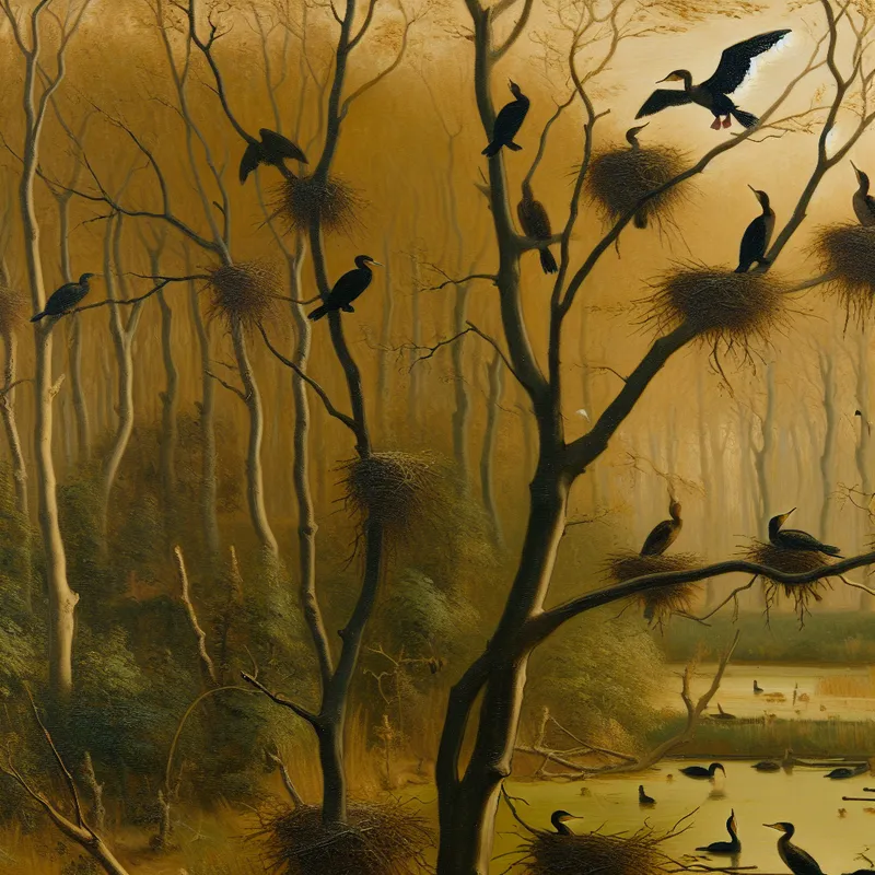 Aalscholvers bouwen hun nesten in de takken van bomen in een serene omgeving.