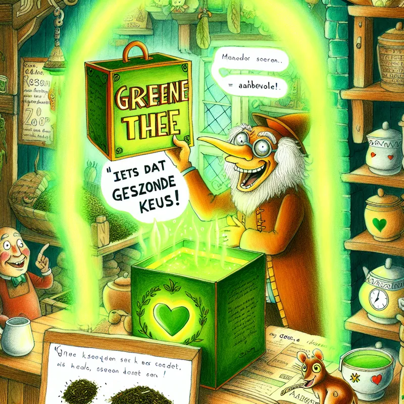 Vrolijke antropomorfe uil in een knusse winkel die een doos groene thee met een gloeiende aura omhoog houdt, met het label 'Groene Thee – Gezonde Keus!'