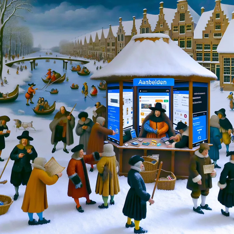 17e-eeuwse Nederlandse winterscène met digitale kraam die informatie en diensten aanbiedt aan historische figuren, symboliserend het concept 'aanbieden' in een zakelijke context