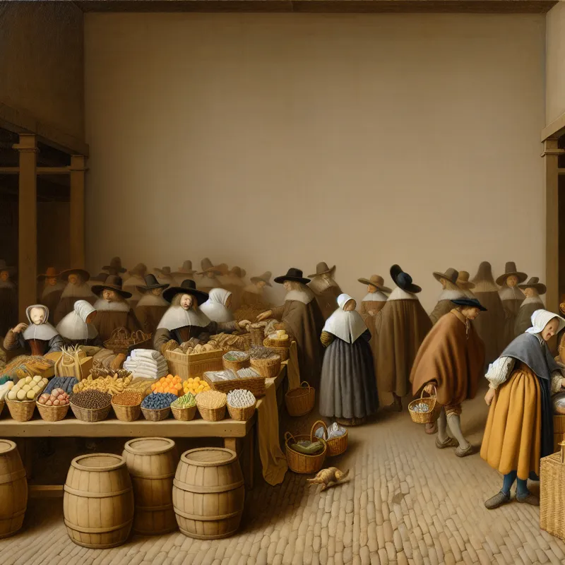 17e-eeuwse Nederlandse marktscène met overvloed aan goederen die het economische concept 'aanbod' illustreert, geschilderd in de stijl van Gerard ter Borch